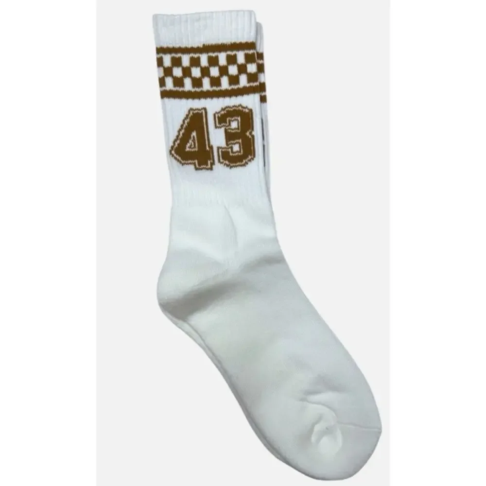 Ascot and Hart Womens One Size Crew Socks #43 Retro 70s Ivory Brown Checkerboard